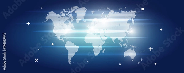 Fototapeta White Futuristic Detailed World Map with Glow Lines Vector Illustrationon on Blue Background - Business Presentation Template