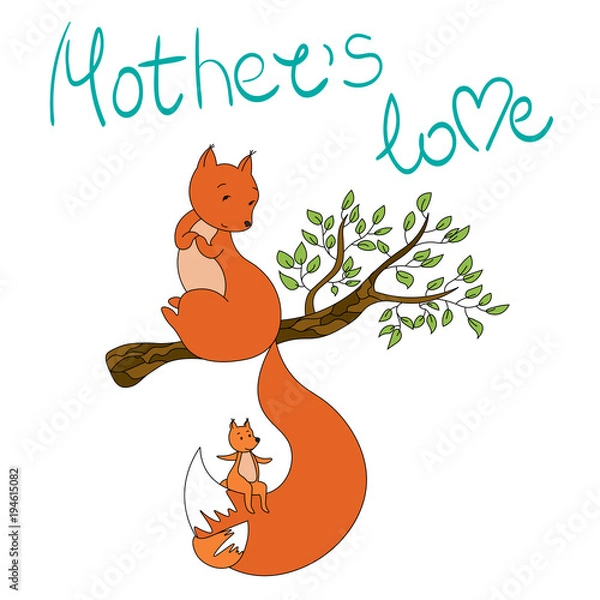 Obraz A squirrel and a little bun on a branch. Mother's love