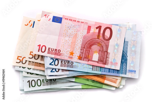 Obraz Euro banknotes isolated on a white with soft shadows