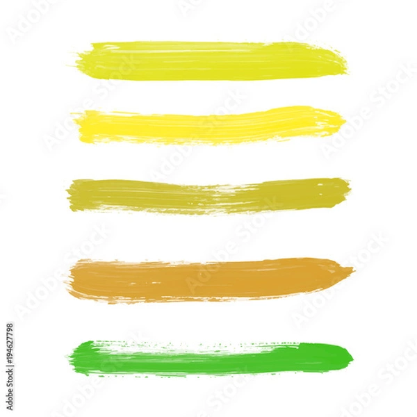 Fototapeta Set of yellow, goldenrod, chartreuse, mustard, olive, green, brown vector watercolor hand paint gradient stripes, isolated. Collection of acrylic dry brush stains, strokes, geometric horizontal lines