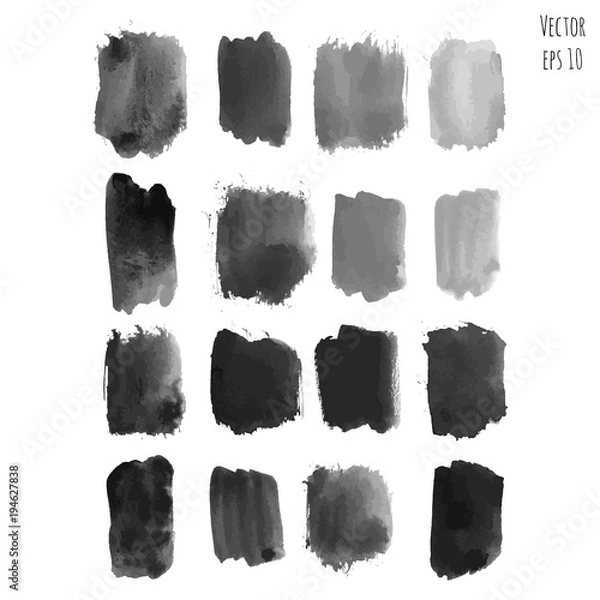 Fototapeta Set of dark black vector watercolor hand painted texture backgrounds isolated on white. Abstract collection of acrylic dry brush splash, strokes, stains, spots, blots. Creative grunge frame, drawing.