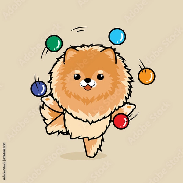 Fototapeta Cute cartoon character design Pomeranian dog ,playing with balls like a juggler