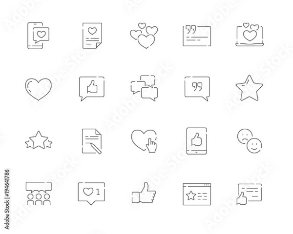 Fototapeta Simple set of Testimonials and and customer relationship management vector line web icons. Contains such Icons as Customer Review, Feedback and more. Editable Stroke. 48x48 Pixel Perfect.