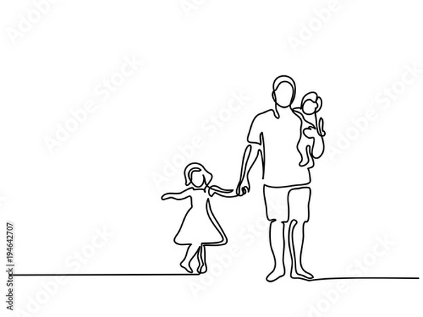Fototapeta Continuous line drawing vector illustration. Father with son daughter silhouette. Vector illustration