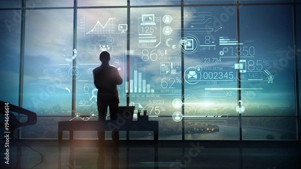 Obraz Silhouette of the man in the office and corporate infographic