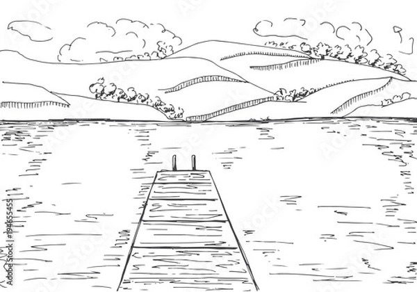 Fototapeta River with wooden pier. Mountains on the other side of the lake. Vector illustration of a sketch style