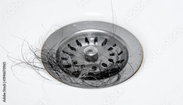 Fototapeta シャワーの排水口に集まった抜け毛のマクロクローズアップが伝える脱毛と育毛ケアのコンセプト写真