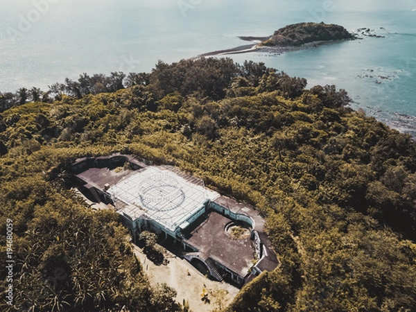Fototapeta drone view of old building on an Island