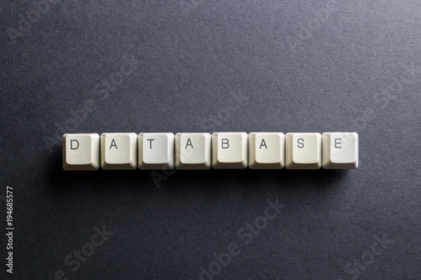 Obraz Word database made using computer keyboard buttons on a black background. IT technology concept.