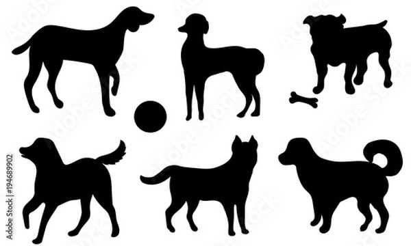 Obraz Set of icon dogs. Black silhouettes of a dog isolated on a white background. Collection of black icons of dog. Vector illustration.