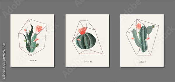 Obraz Cactus and succulent in a florarium glass vector illustration. Golden frame. Poster or card set. Red flowers. Birthday, anniversary, Valentin’s day, party invitations, wedding, covers.