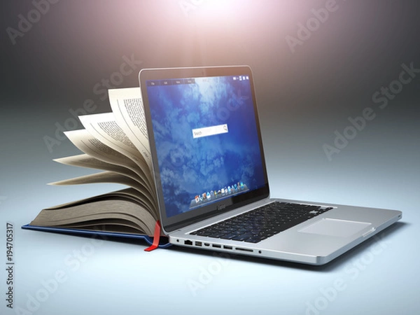 Obraz Biblioteka online lub koncepcja e-learningu. Otwórz kompilację laptopa i książki.