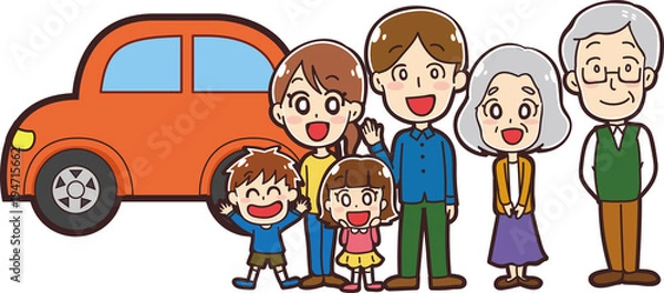 Fototapeta マイカーと三世帯家族のイラスト
