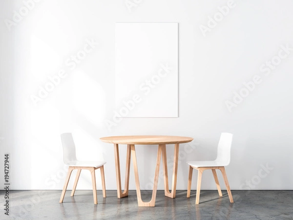 Fototapeta Vertical Poster Mockup with Two wooden chairs and table in empty room. 3d rendering