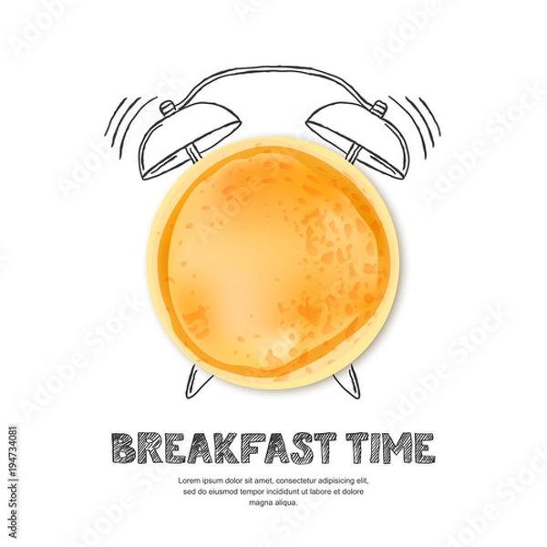 Fototapeta Smaczny naleśnik, litery i ręcznie rysowane budzik akwarela na białym tle. Wektor wzór menu śniadaniowego, kawiarni, restauracji. Fast foody tło.