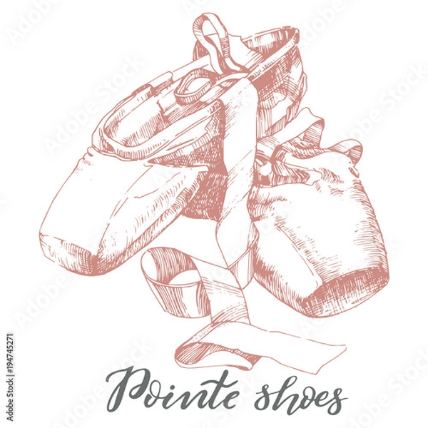 Fototapeta Illustration, hand drawn  pair of well-worn ballet pointes shoes