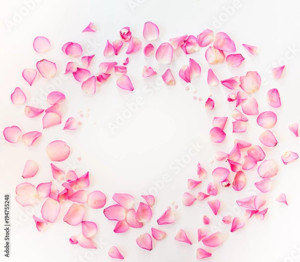Fototapeta A frame on white background with pink rose petals and sugar stars. Square, copy space.