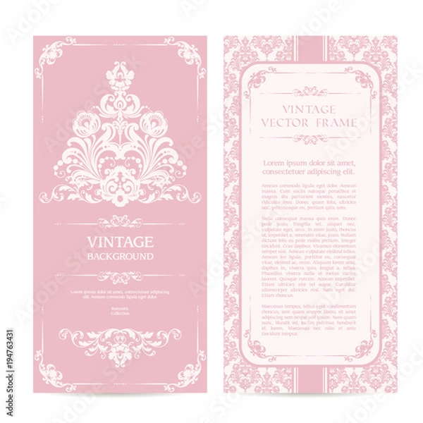 Fototapeta Vintage set of template ornamental borders and patterned background. Elegant lace wedding invitation design, Greeting Card, banner