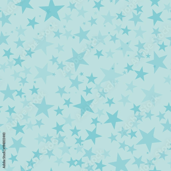 Fototapeta Turquoise stars seamless pattern on light blue background. Alluring endless random scattered turquoise stars festive pattern. Modern creative chaotic decor. Vector abstract illustration.
