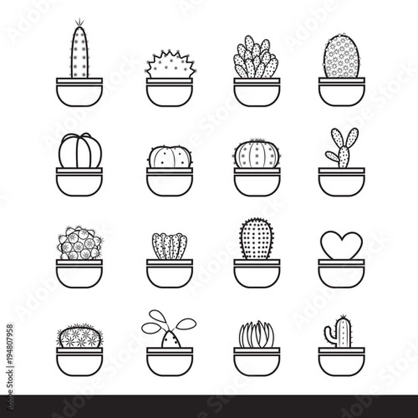 Fototapeta cactus line black icon set