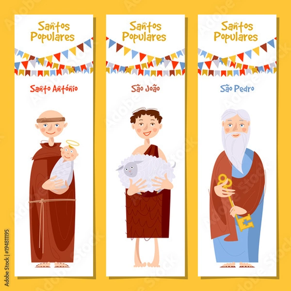 Fototapeta Set of 3 universal greeting cards  and bookmarks with Saint Anthony, Saint John, Saint Peter (Santo Antônio, São João, São Pedro). Template.