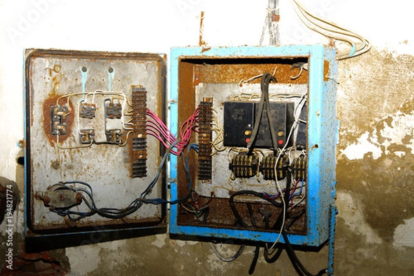 Obraz Stary zdemontowany i zardzewiały panel elektryczny w opuszczonej i zniszczonej fabryce na tle chaosu. Zniszczenie i wandalizm. Ukraina.