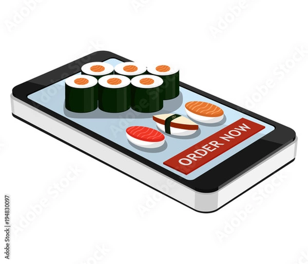 Fototapeta Sushi order using smartphone or tablet. Order sushi online. Sushi and smartphone isolated on white background.