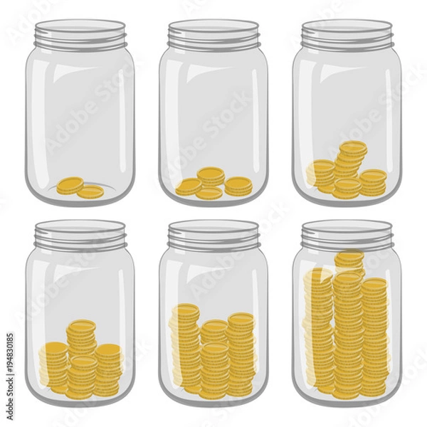 Fototapeta Six glass jars with different number of coins inside on a white background. Save money in banks.