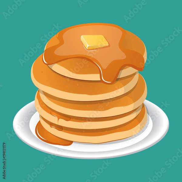 Fototapeta Vector illustration. Fresh tasty hot pancakes with sweet maple syrup. Cartoon icon isolated on background. Vintage restaurant sign.