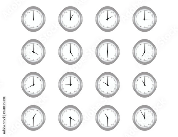 Fototapeta Set of clocks for every hour on the white background. Vector flat illustration