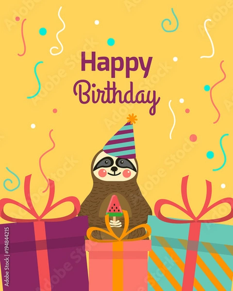 Fototapeta Happy Birthday greeting templates. Invitation cards to the party. Vector banner with cute small sloth and gifts.