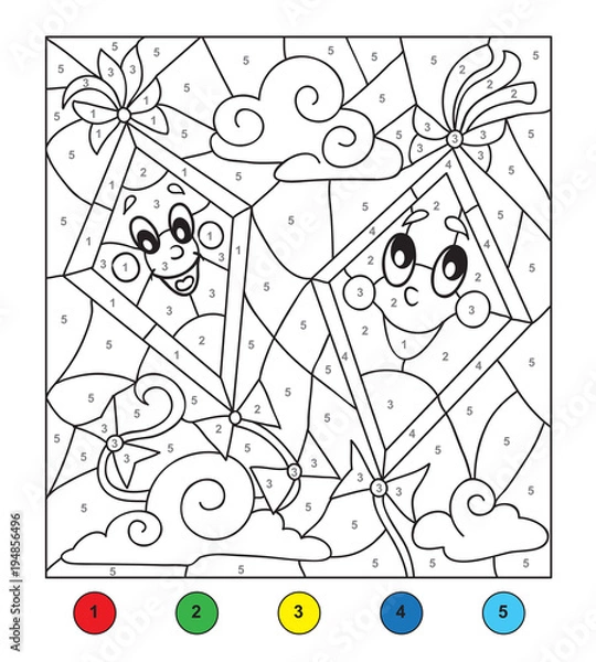Fototapeta Kolor według numeru (latawce). Gra dla dzieci, gra edukacyjna dla dzieci. Kolor według numeru, czarno-biała ilustracja