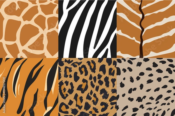 Fototapeta Vector Illustration of tiger, zebra, giraffe, cheetah, nyala  and leopard pattern. Animal print pattern.