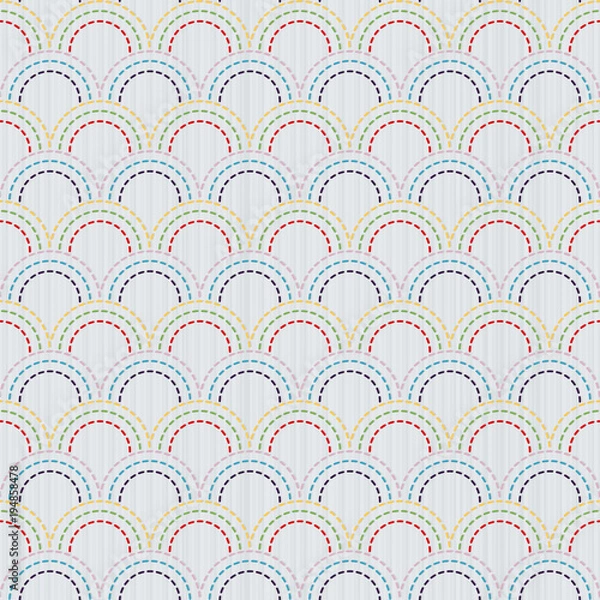 Fototapeta Sashiko texture with fish scale motif. Kimono pattern. Abstract seamless texture. Classic japanese quilling. Needlework texture. For handiwork, decoration or printing on fabric.