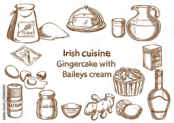 Fototapeta Gingercake with Baileys cream ingredient. Sketch drawing