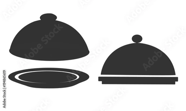 Obraz Plate. Black icon. Open empty metal silver platter and cloche with space to place object isolated on white background. Steel dish with cover for hot service at the restaurant. Vector illustration.