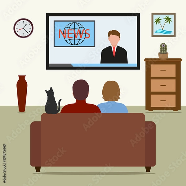 Fototapeta man and woman on the couch TV with news release