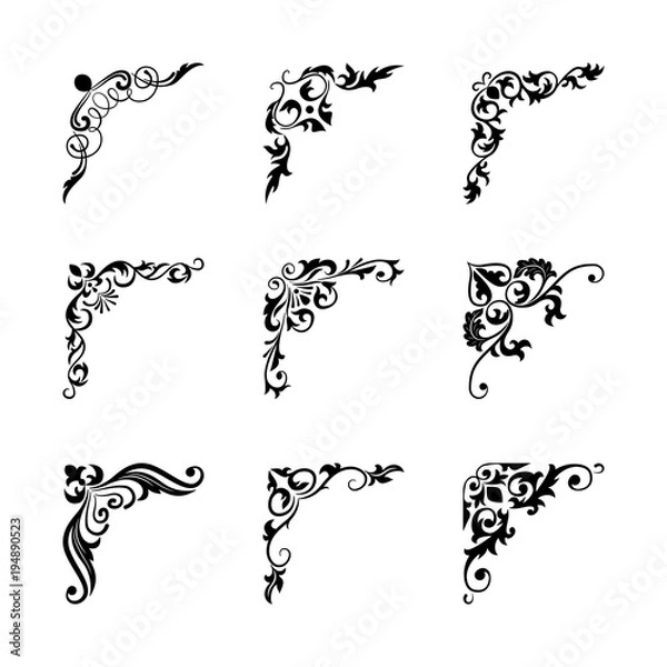 Fototapeta Hand drawn corner set vintage style. Traced by hand from own sketch. Collection black floral decorative element