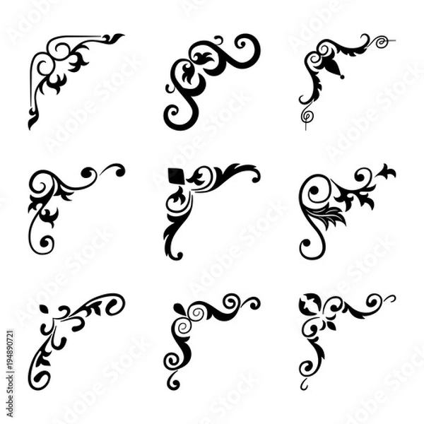 Fototapeta Hand drawn corner set vintage style. Traced by hand from own sketch. Collection black floral decorative element