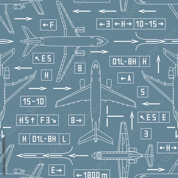 Fototapeta seamless aviation pattern with airplanes and signs on a gray background