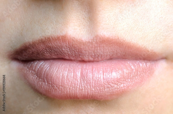 Fototapeta Women's lips with a nude lipstick, view front