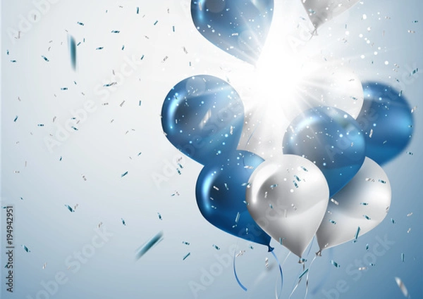 Fototapeta celebration and party background with colorful flying balloons,confetti glitters for event and holiday poster.Vector illustration.