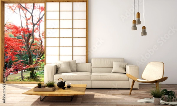 Obraz interior design,modern living room with table,wood floor and tatami mat and traditional japanese door on best window view ,was designed specifically in Japanese style, 3d illustration, 3d rendering