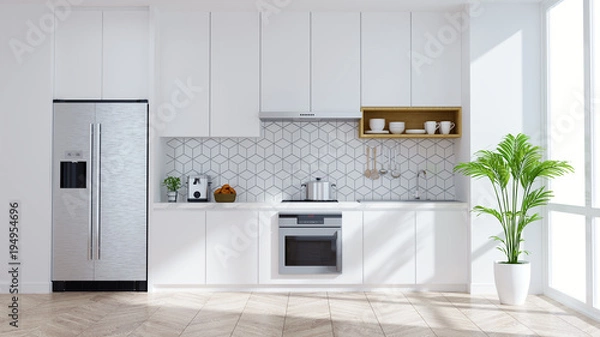 Obraz Nowoczesna kuchnia z białym wnętrzem .3drender