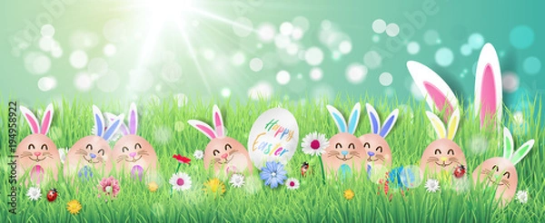 Obraz Happy easter image vector. Modern happy Easter background with colorful eggs and spring flower. Template Easter greeting card, vector.