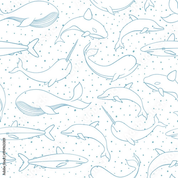 Fototapeta Vector seamless pattern with whale, shark, narwhal and dolphin blue contours on the polka dot white background. Sea creatures and marine life backdrop.