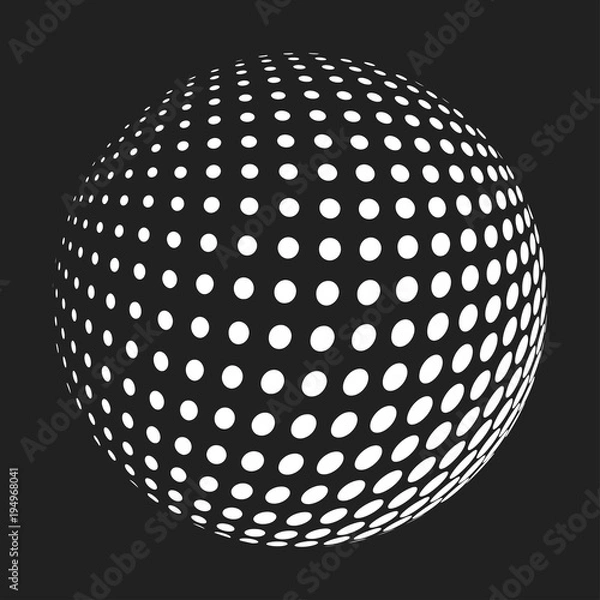 Fototapeta Abstract round 3d white sphere consisting of dots in form of halftone. Scientific and technical frame illustration. Flat cartoon illustration. Objects isolated on a white background.