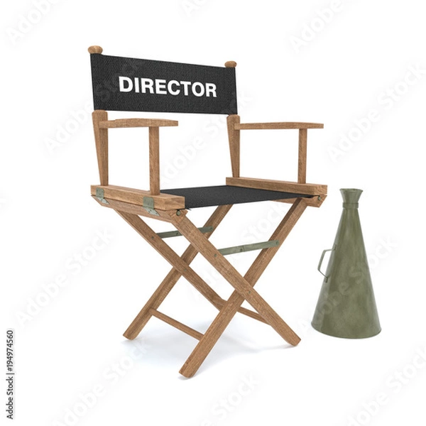 Obraz Wood director chair with black clothes with bullhorn on white background- 3D Illustration