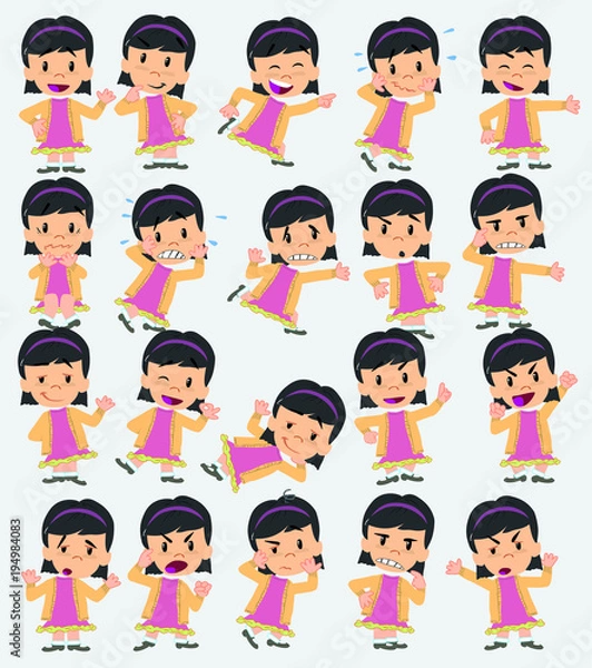 Fototapeta Cartoon character of a asian girl. Set with different postures, attitudes and poses, doing different activities in isolated vector illustrations.