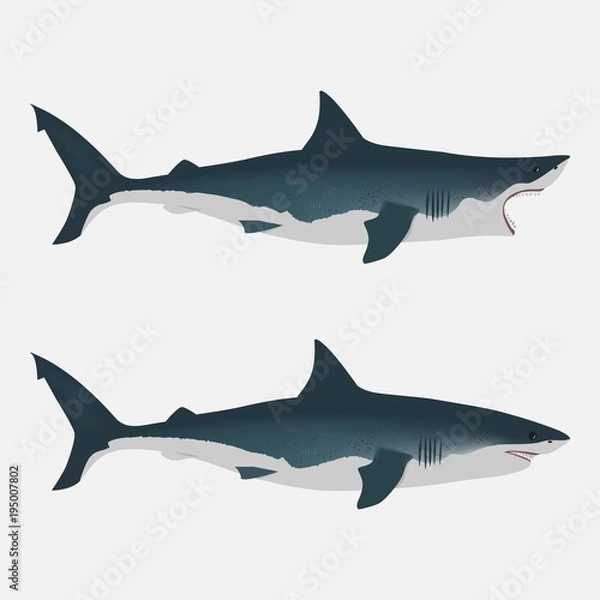 Obraz Rekin z otwartymi i zamkniętymi ustami. duża biała ryba. Mieszkanie na białym tle wektor ilustracja na białym tle. Realistyczny wygląd z przyciemnieniem i światłem